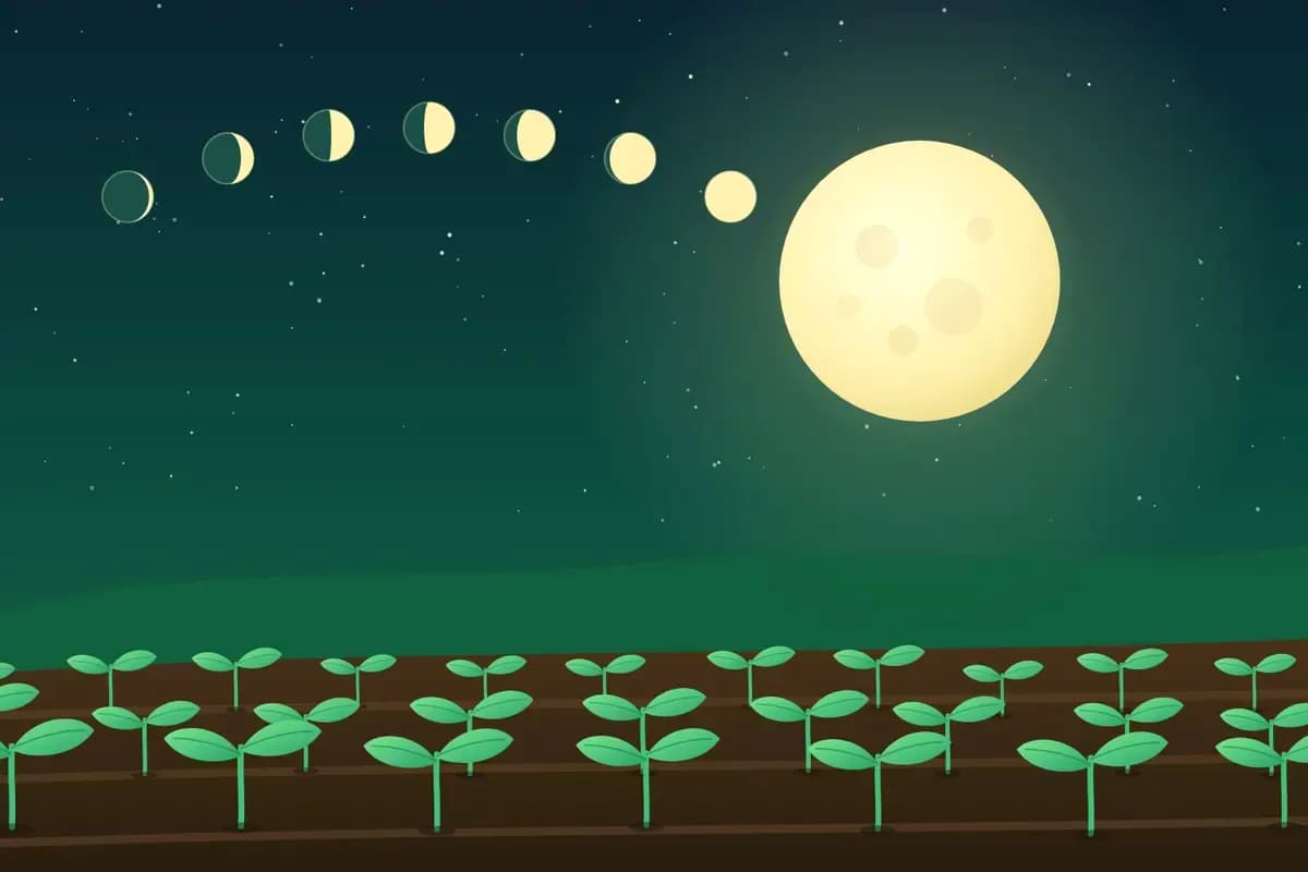 Moon phases above rows of young seedlings at night