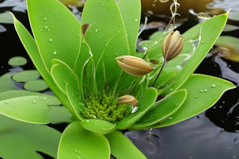 Water droplets on fresh green leaves and seed pods