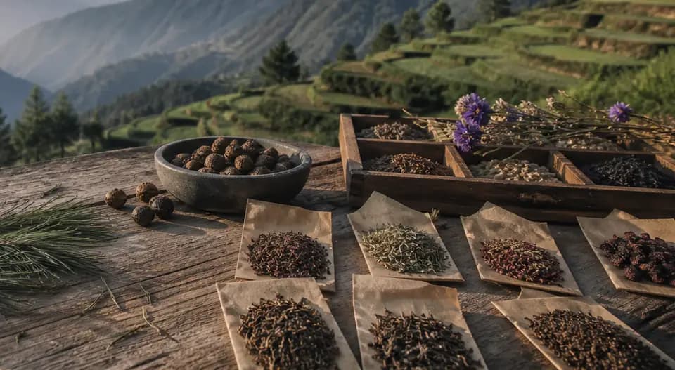 Sorted seed lots in wooden trays beside cones and dried seed heads